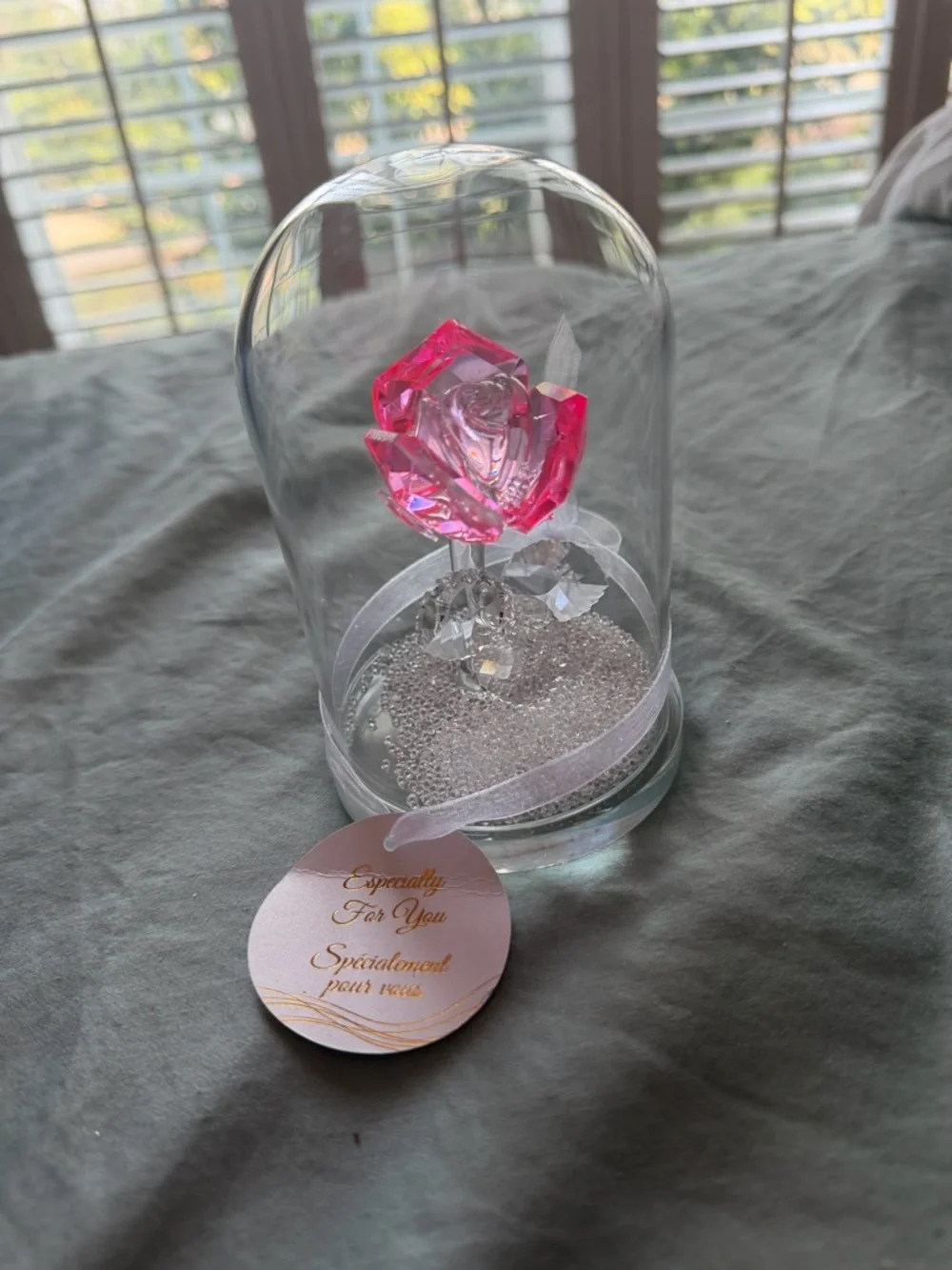 Crystal Pink Rose Dome Decorative Accent